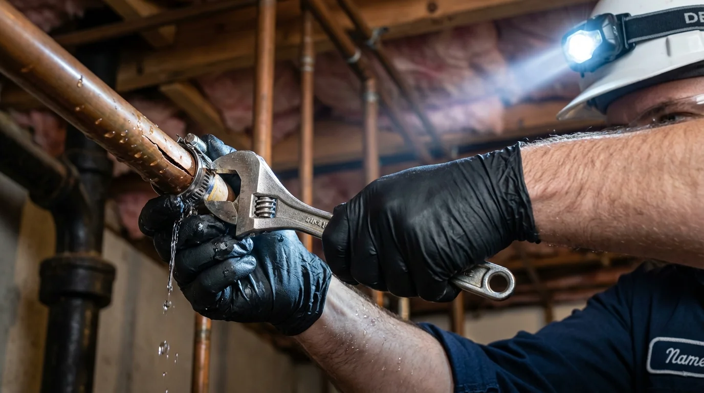 Emergency pipe clamp repair being performed by a Johns Plumbing LLC plumber in Cortez