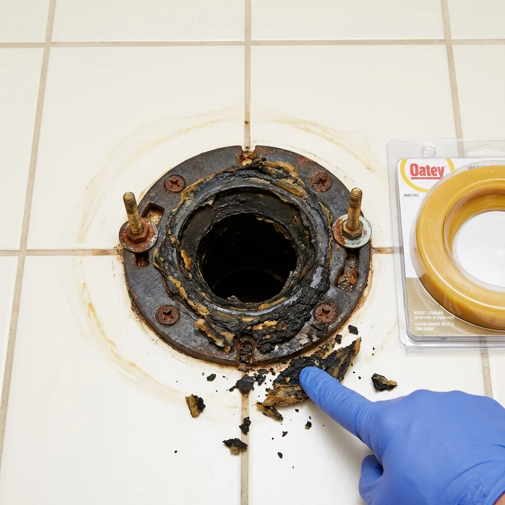Failed wax ring showing water seepage at the base of a toilet in a Cortez, FL home