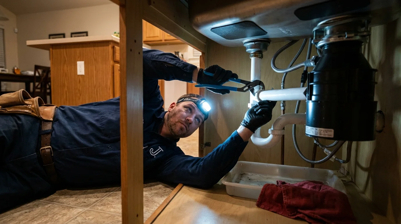 P-trap and supply line connections under a kitchen sink showing a common leak point in Cortez, FL